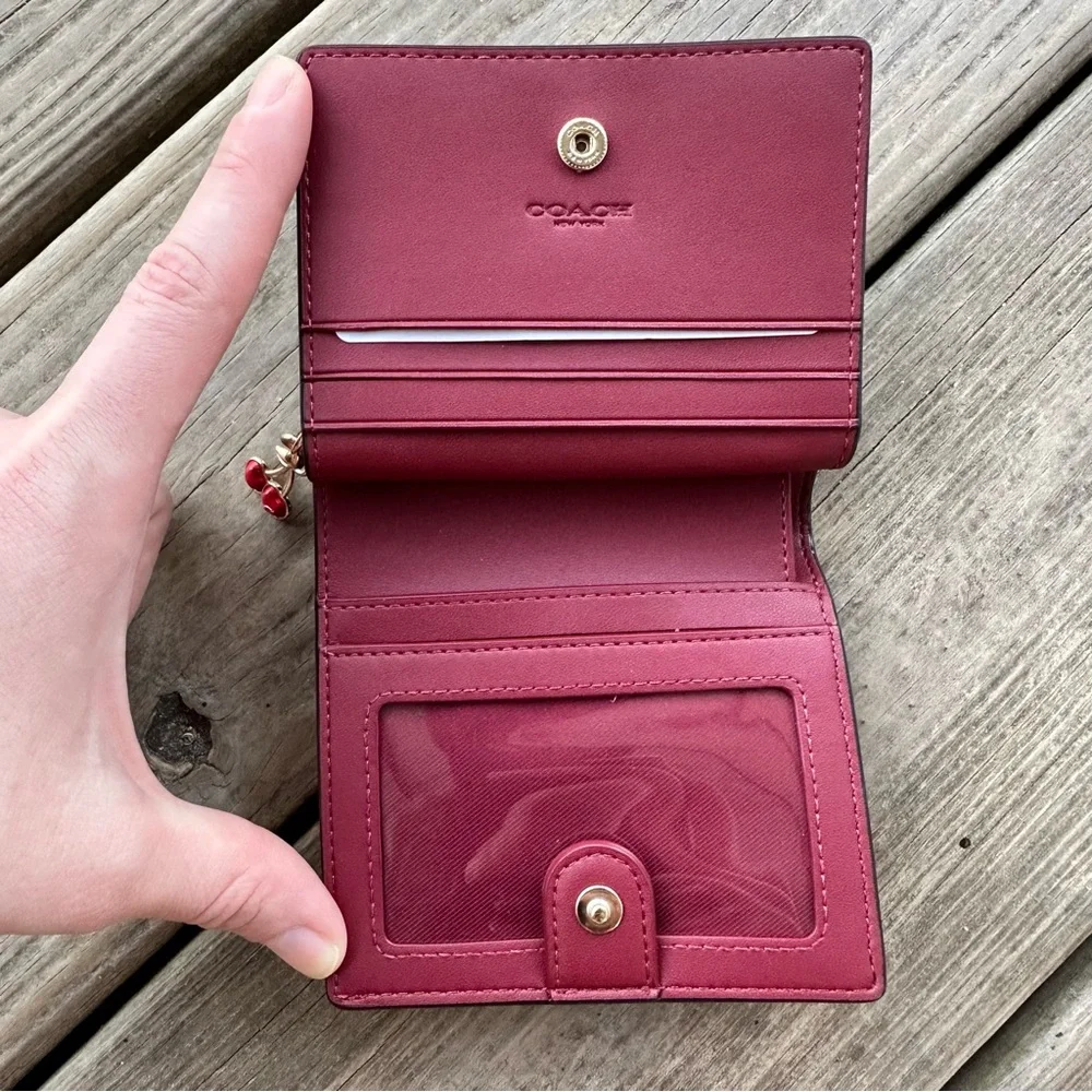 Coach Snap Wallet In Signature Canvas With Cherry Print In Tan Multi Zip Fold